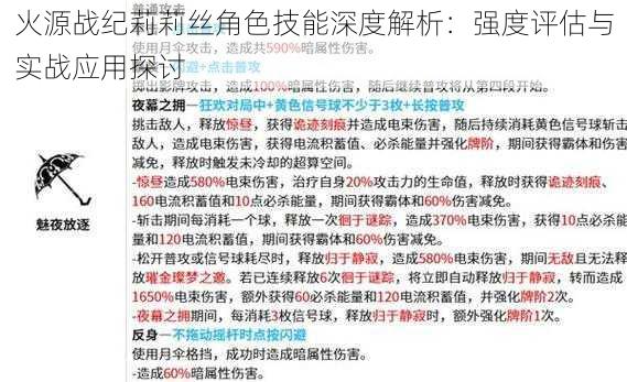 火源战纪莉莉丝角色技能深度解析：强度评估与实战应用探讨